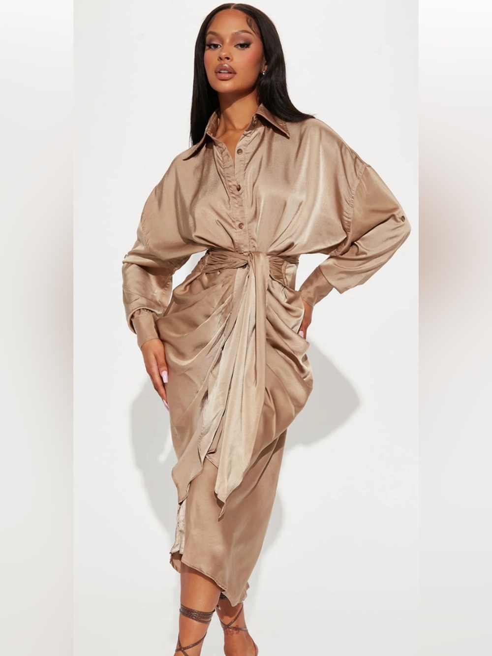MABLE GWEN TENCEL BUTTON DOWN SILKY RUSHED CHAMPAGNE TIE WAIST MIDI DRESS SZ M